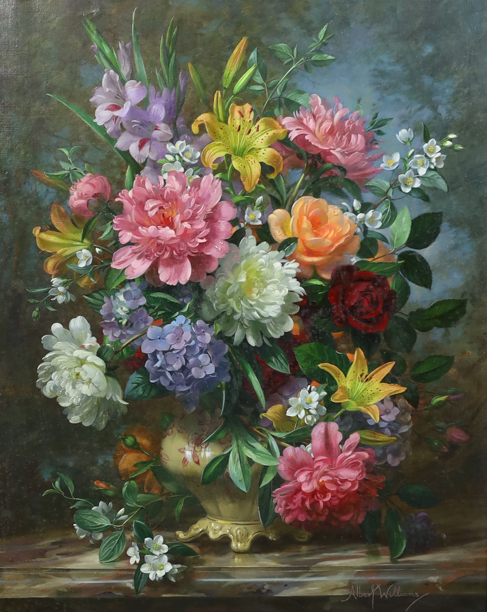 Albert Williams (English, 1922-2010), Summer flowers in a vase upon a ledge, oil on canvas, 75 x 60cm